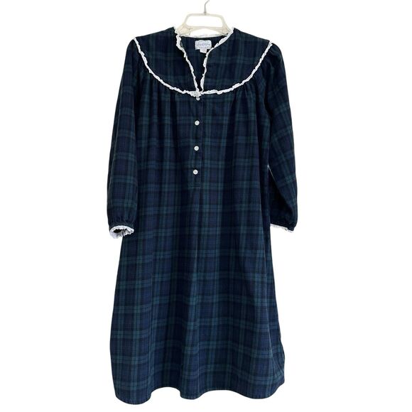 Lanz of Salzburg Nightgown Sz S Green Navy Plaid Flannel Grandmacore Lace Trim - Picture 1 of 6